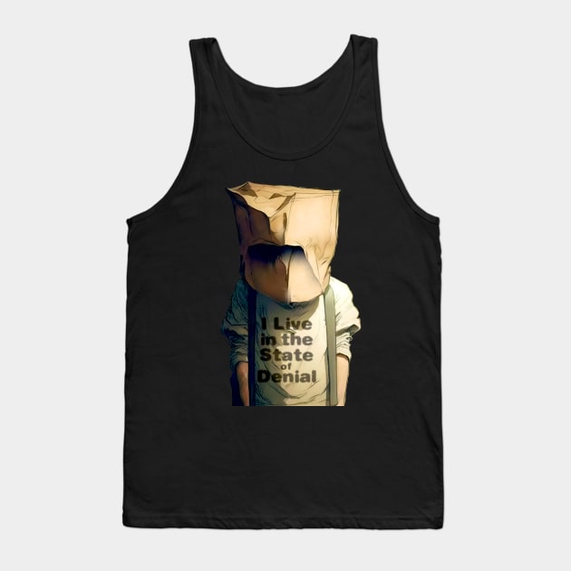 I Live in the State of Denial No. 3: A Person with a Paper Bag over His Head on a dark background Tank Top by Puff Sumo